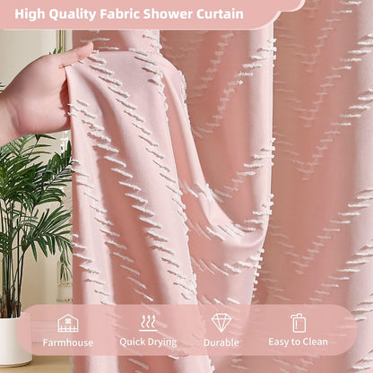 Pink Shower Curtain with Tassel Woven Fabric Boho Shower Curtain Cute Farmhouse Textured Tufted Chevron Striped 72 x 72 Bathroom Shower Curtain