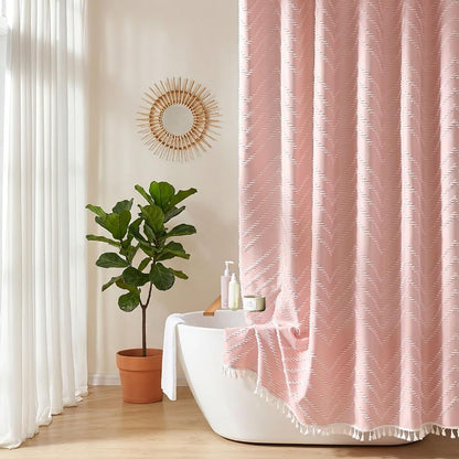 Pink Shower Curtain with Tassel Woven Fabric Boho Shower Curtain Cute Farmhouse Textured Tufted Chevron Striped 72 x 72 Bathroom Shower Curtain