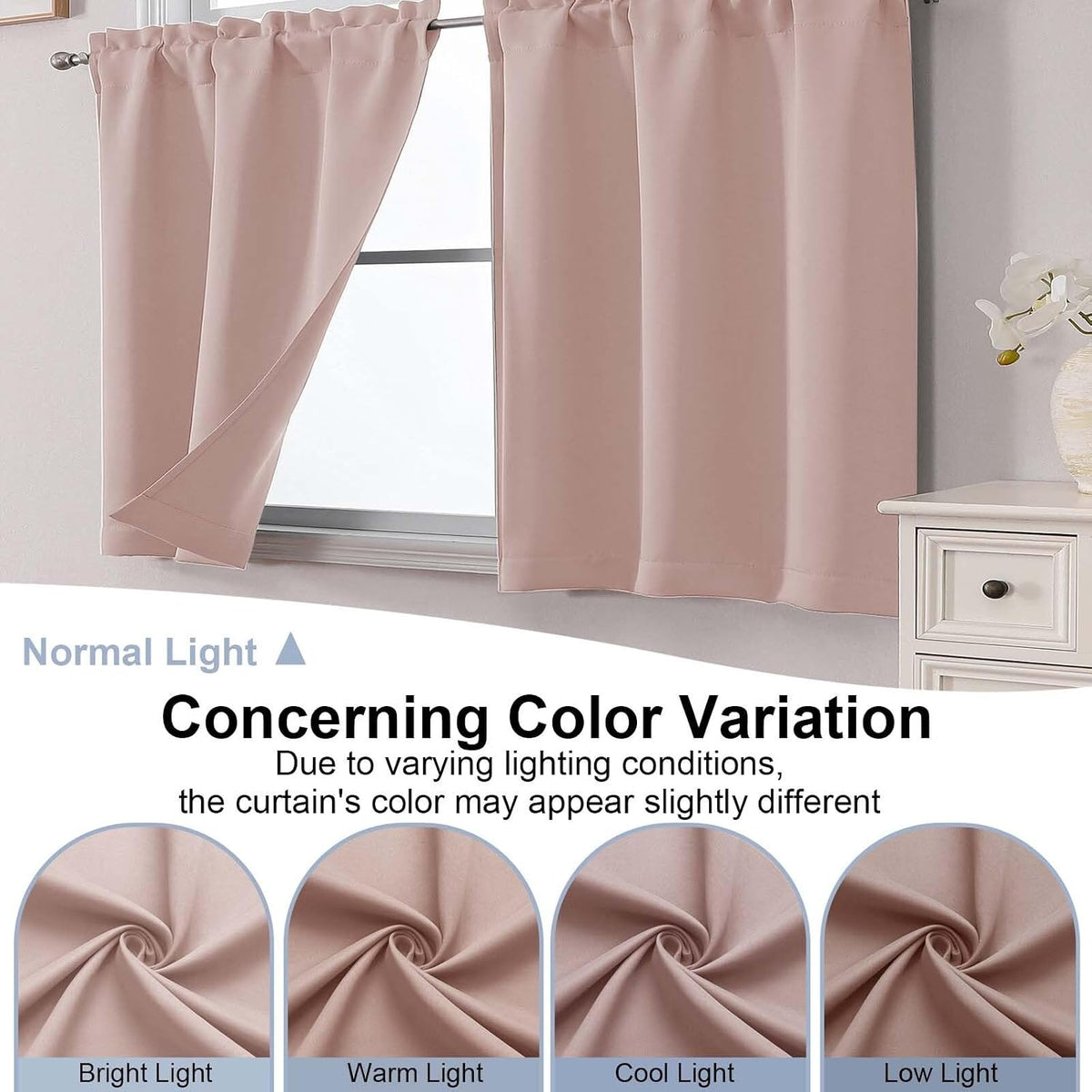 Blush Pink Valance for Window, Blackout Small Kitchen Curtain for Bedroom/Living Room, Rod Pocket Privacy Short Window Treatment Valance RV Bunk Panels, 60" Wx14 L