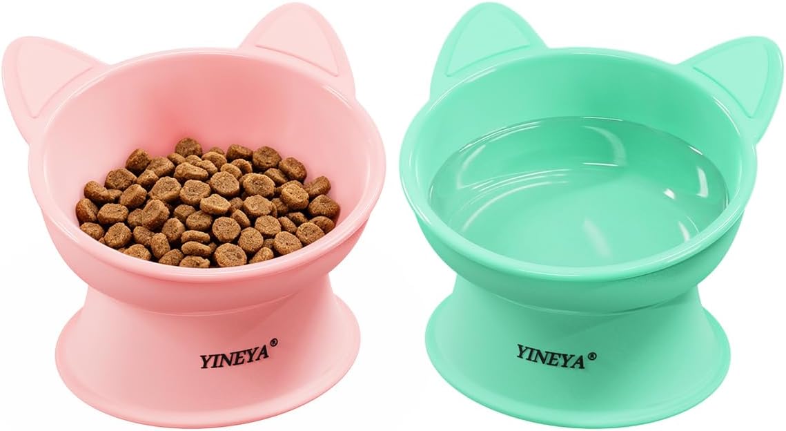 Elevated Cat Bowls 2 Pcs, Cat Food Bowl to Protect Neck & Anti-Vomit, Whisker-Friendly Raised Food and Water Bowls Set for Indoor Cats/Small Dogs, Cute Pet Feeding Bowl 6 OZ Each, Pink & Green