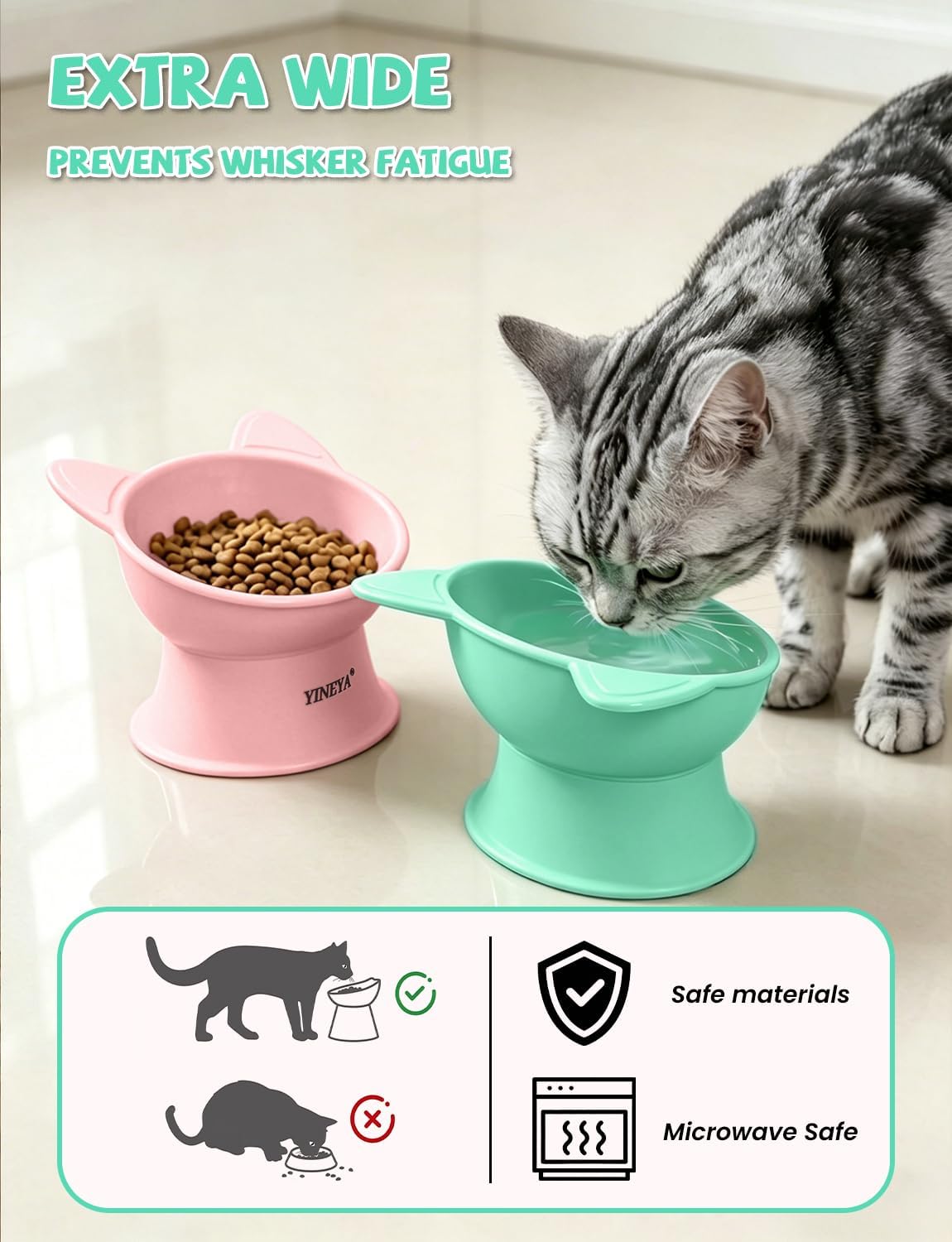 Elevated Cat Bowls 2 Pcs, Cat Food Bowl to Protect Neck & Anti-Vomit, Whisker-Friendly Raised Food and Water Bowls Set for Indoor Cats/Small Dogs, Cute Pet Feeding Bowl 6 OZ Each, Pink & Green