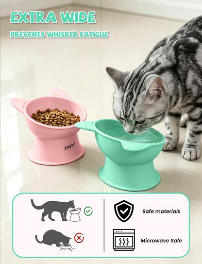 Elevated Cat Bowls 2 Pcs, Cat Food Bowl to Protect Neck & Anti-Vomit, Whisker-Friendly Raised Food and Water Bowls Set for Indoor Cats/Small Dogs, Cute Pet Feeding Bowl 6 OZ Each, Pink & Green