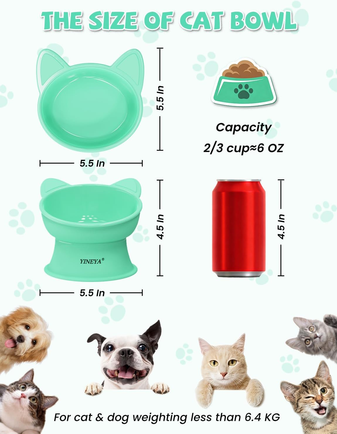 Elevated Cat Bowls 2 Pcs, Cat Food Bowl to Protect Neck & Anti-Vomit, Whisker-Friendly Raised Food and Water Bowls Set for Indoor Cats/Small Dogs, Cute Pet Feeding Bowl 6 OZ Each, Pink & Green