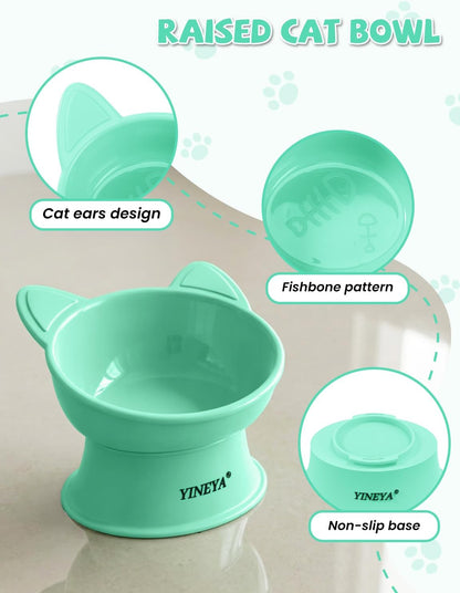 Elevated Cat Bowls 2 Pcs, Cat Food Bowl to Protect Neck & Anti-Vomit, Whisker-Friendly Raised Food and Water Bowls Set for Indoor Cats/Small Dogs, Cute Pet Feeding Bowl 6 OZ Each, Pink & Green