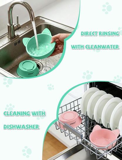 Elevated Cat Bowls 2 Pcs, Cat Food Bowl to Protect Neck & Anti-Vomit, Whisker-Friendly Raised Food and Water Bowls Set for Indoor Cats/Small Dogs, Cute Pet Feeding Bowl 6 OZ Each, Pink & Green