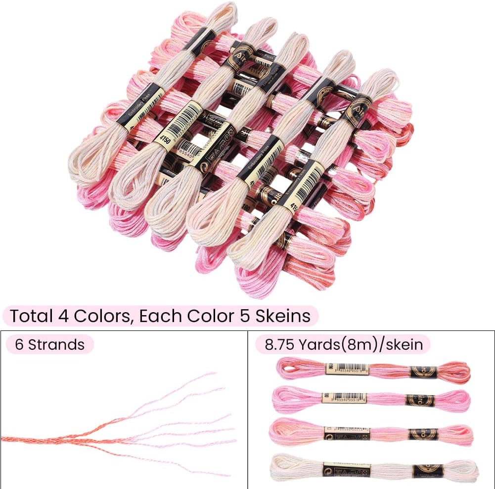 20 Skeins 175 Yards 4 Colors Polyester Embroidery Thread Friendship Bracelet String Segment Dyed Pink 6 Ply Cross Stitch Floss Yarn Bulk for Sewing Making Jewelry Needlecraft Knitting DIY