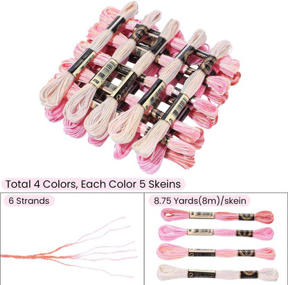 20 Skeins 175 Yards 4 Colors Polyester Embroidery Thread Friendship Bracelet String Segment Dyed Pink 6 Ply Cross Stitch Floss Yarn Bulk for Sewing Making Jewelry Needlecraft Knitting DIY