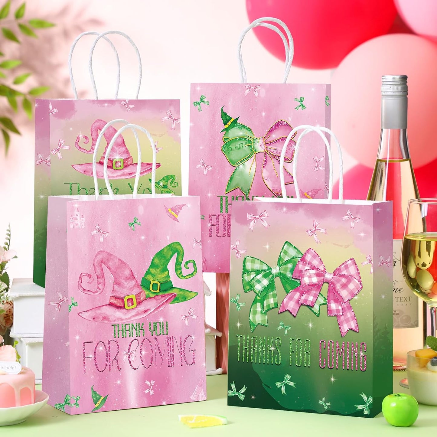 24 Pcs Witch Party Favor Bags Pink and Green Paper Goodie Treat Gift Bags with Handle Thank You for Coming Witch Hat Bow Gifts Packing for Woman Princess Birthday Holiday Party Supplies