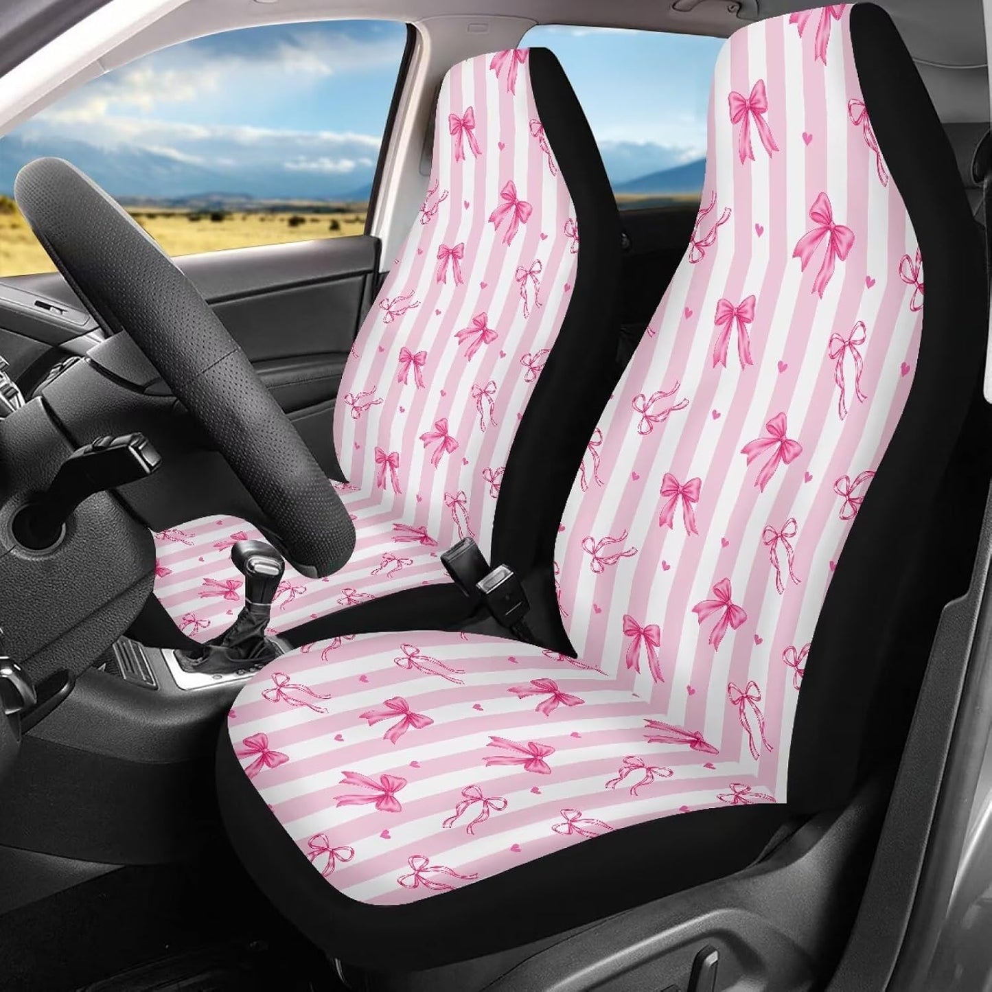 Pink-White Stripe Bow Car Seat Covers Front Seats Only for Girly