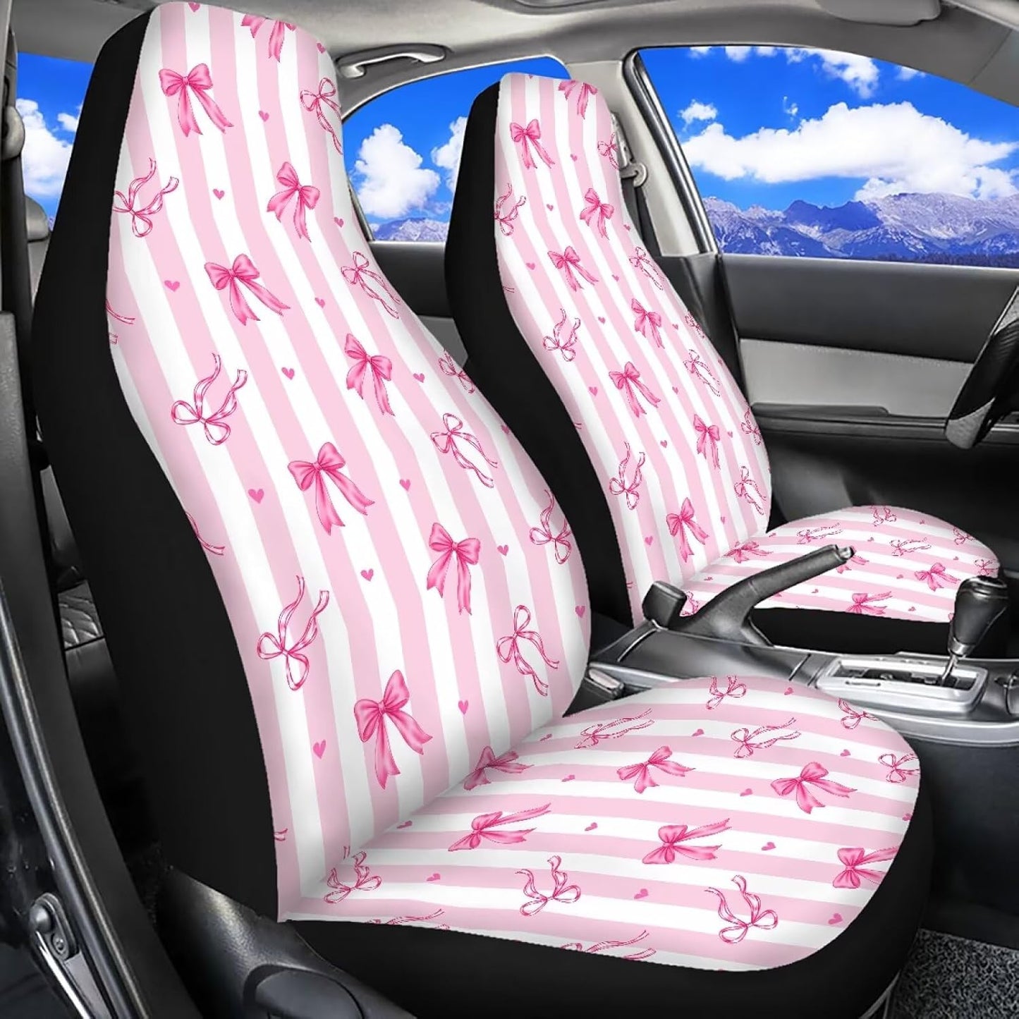 Pink-White Stripe Bow Car Seat Covers Front Seats Only for Girly