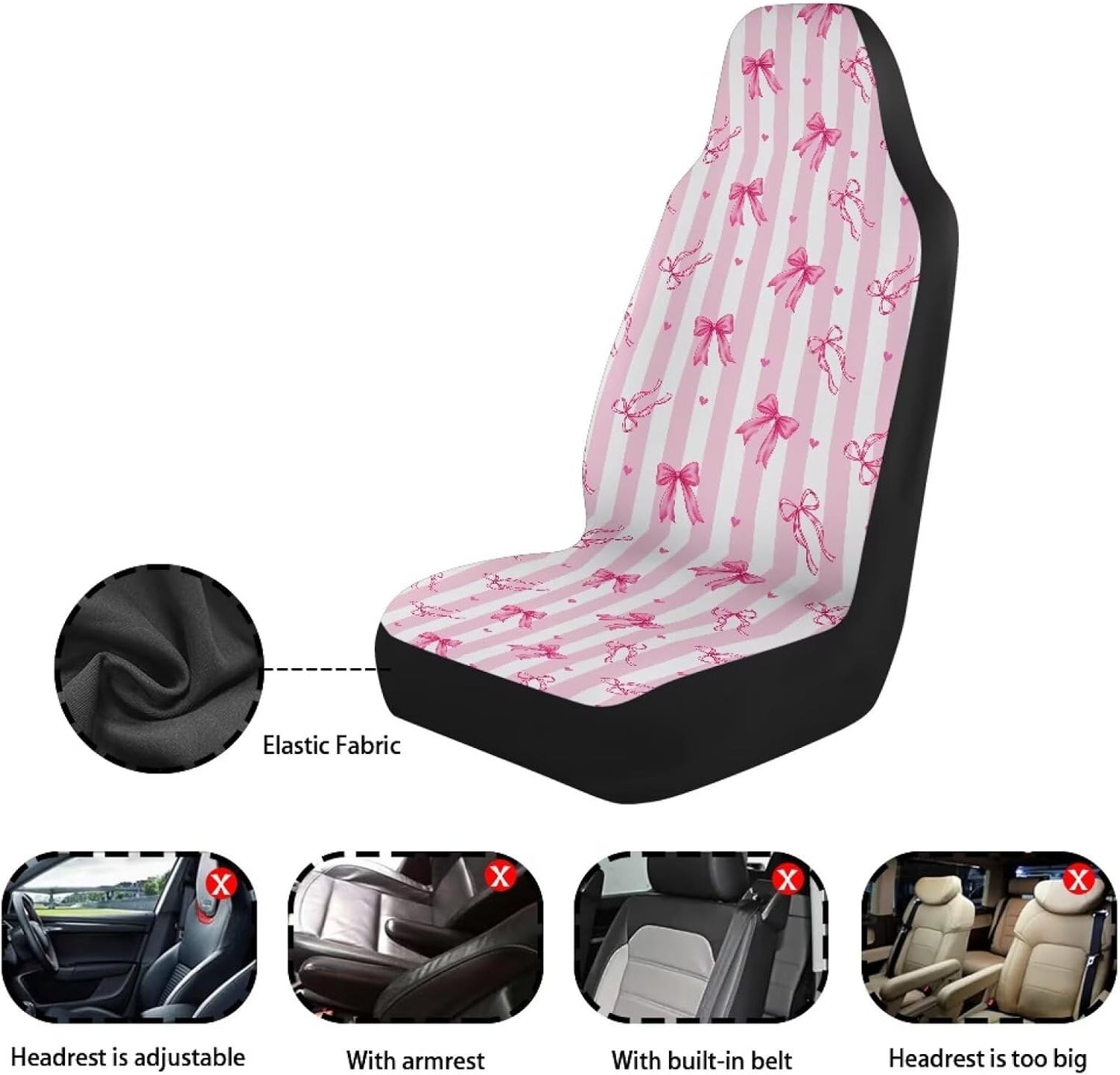 Pink-White Stripe Bow Car Seat Covers Front Seats Only for Girly