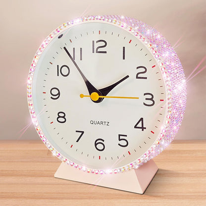 Shiny 4.5" Analog Alarm Clock，Bling Small Silent Retro Desk Clock，Metal Glitter Clock Table Decor for Living Room, Bedroom, Bedside, Shelf (Pink)