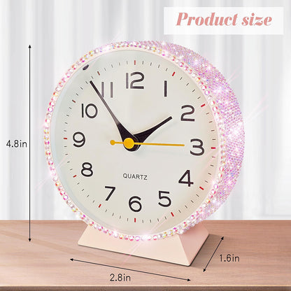 Shiny 4.5" Analog Alarm Clock，Bling Small Silent Retro Desk Clock，Metal Glitter Clock Table Decor for Living Room, Bedroom, Bedside, Shelf (Pink)