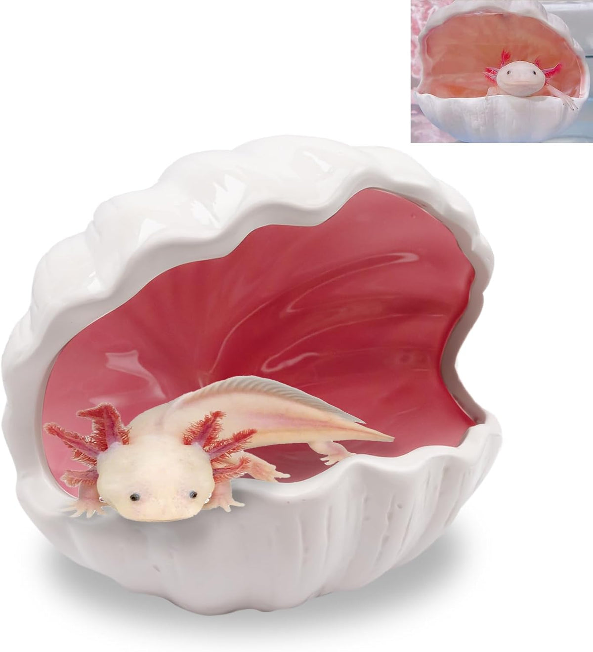 Axolotl Hide Shell Shape Ceramic Fish Tank Cave, Double Sided Glaze, Fish Tank Decor Shelter for Small Pet Frog Fish Betta (Extra Large, Pink)