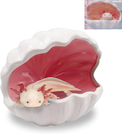 Axolotl Hide Shell Shape Ceramic Fish Tank Cave, Double Sided Glaze, Fish Tank Decor Shelter for Small Pet Frog Fish Betta (Extra Large, Pink)