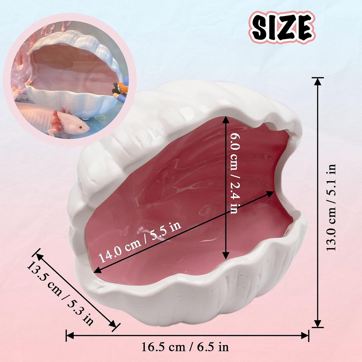 Axolotl Hide Shell Shape Ceramic Fish Tank Cave, Double Sided Glaze, Fish Tank Decor Shelter for Small Pet Frog Fish Betta (Extra Large, Pink)