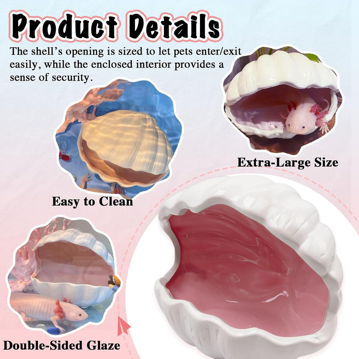 Axolotl Hide Shell Shape Ceramic Fish Tank Cave, Double Sided Glaze, Fish Tank Decor Shelter for Small Pet Frog Fish Betta (Extra Large, Pink)