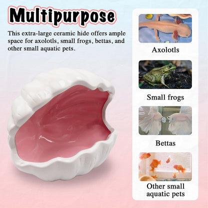 Axolotl Hide Shell Shape Ceramic Fish Tank Cave, Double Sided Glaze, Fish Tank Decor Shelter for Small Pet Frog Fish Betta (Extra Large, Pink)