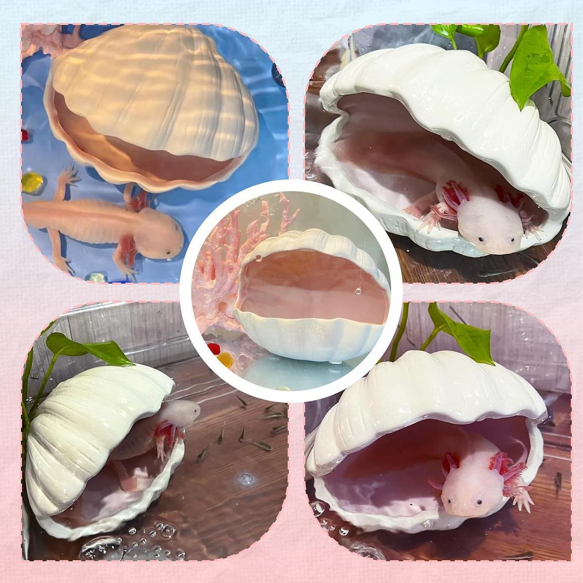 Axolotl Hide Shell Shape Ceramic Fish Tank Cave, Double Sided Glaze, Fish Tank Decor Shelter for Small Pet Frog Fish Betta (Extra Large, Pink)