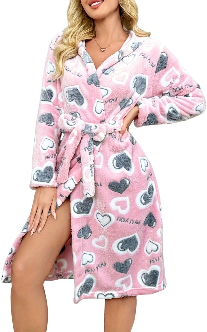 Womens Hooded Robes Plush Fleece Leopard Print Bathrobe Winter Warm Nightgown with Belt Fluffy Sleepwear