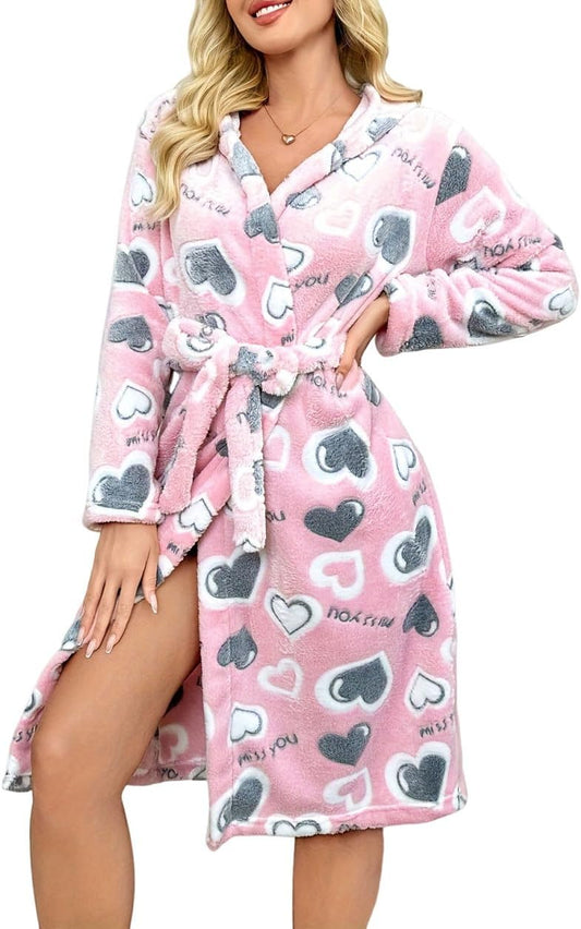 Womens Hooded Robes Plush Fleece Leopard Print Bathrobe Winter Warm Nightgown with Belt Fluffy Sleepwear