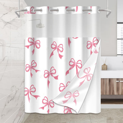 Cute Pink Bow No Hook Shower Curtain Set with Snap in Fabric,71x74