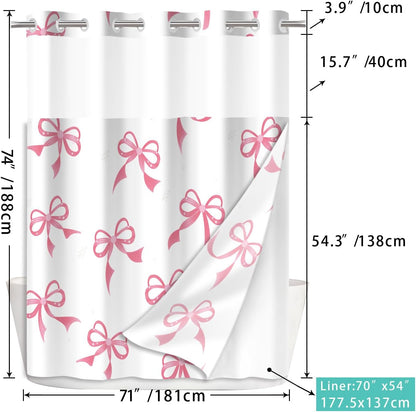 Cute Pink Bow No Hook Shower Curtain Set with Snap in Fabric,71x74