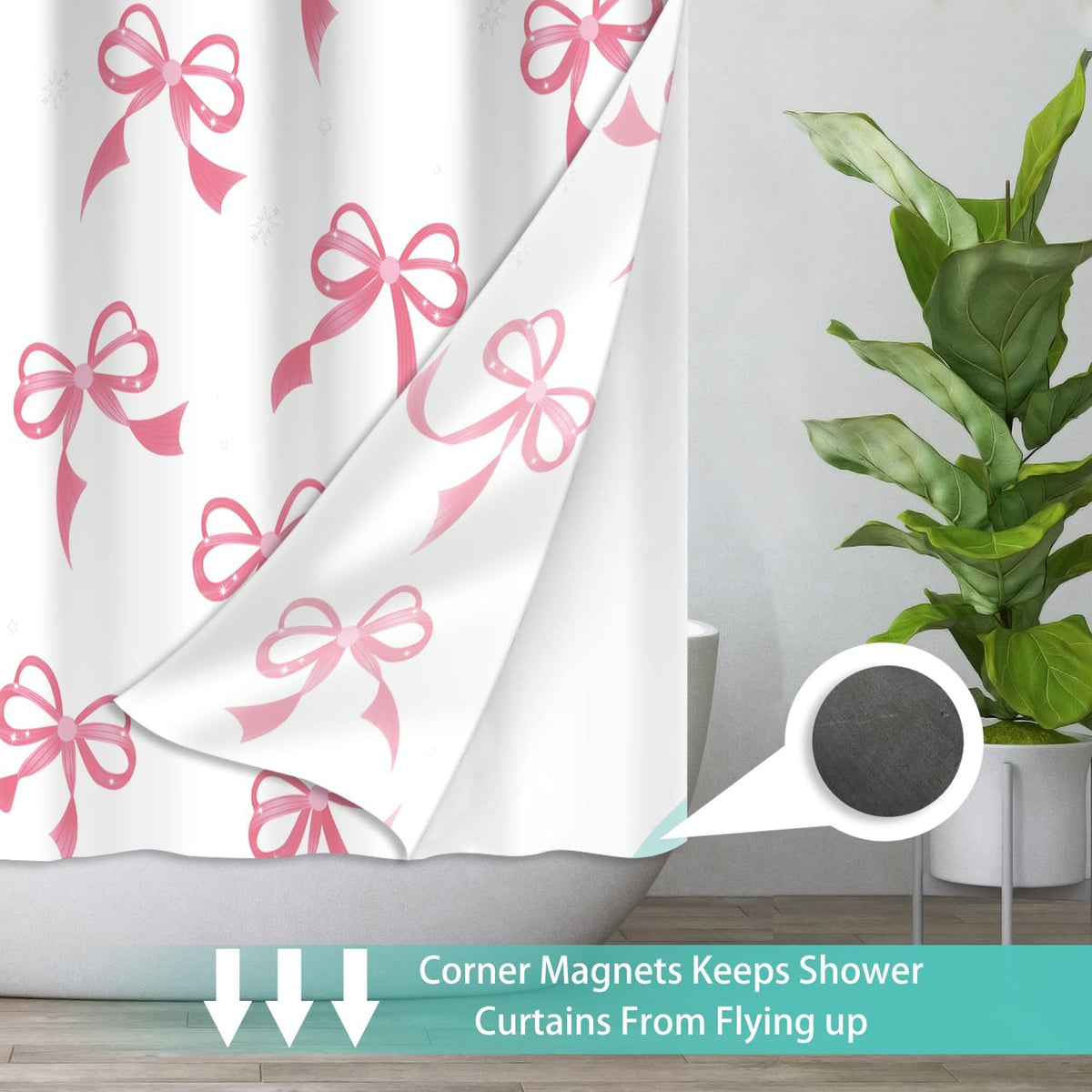 Cute Pink Bow No Hook Shower Curtain Set with Snap in Fabric,71x74