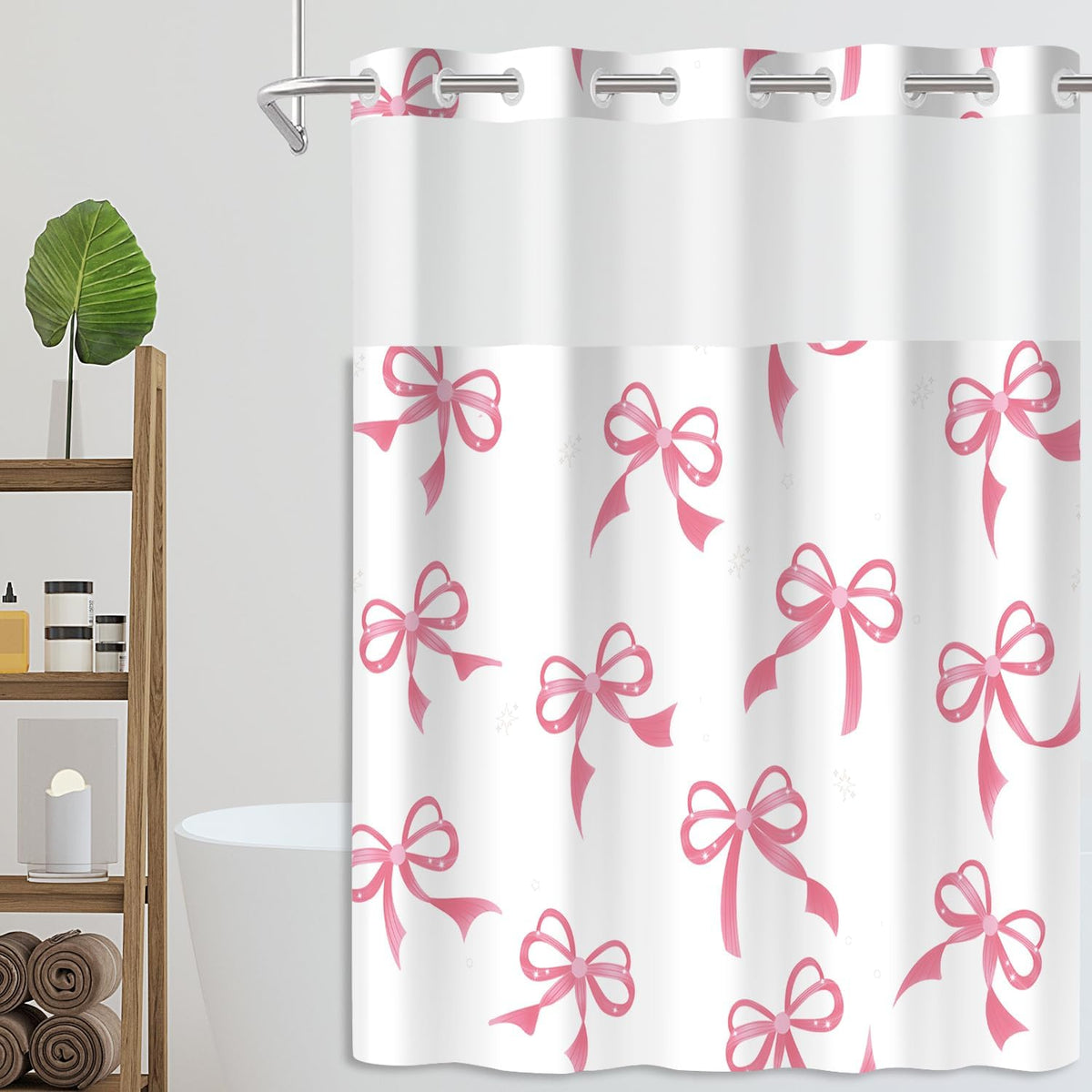 Cute Pink Bow No Hook Shower Curtain Set with Snap in Fabric,71x74