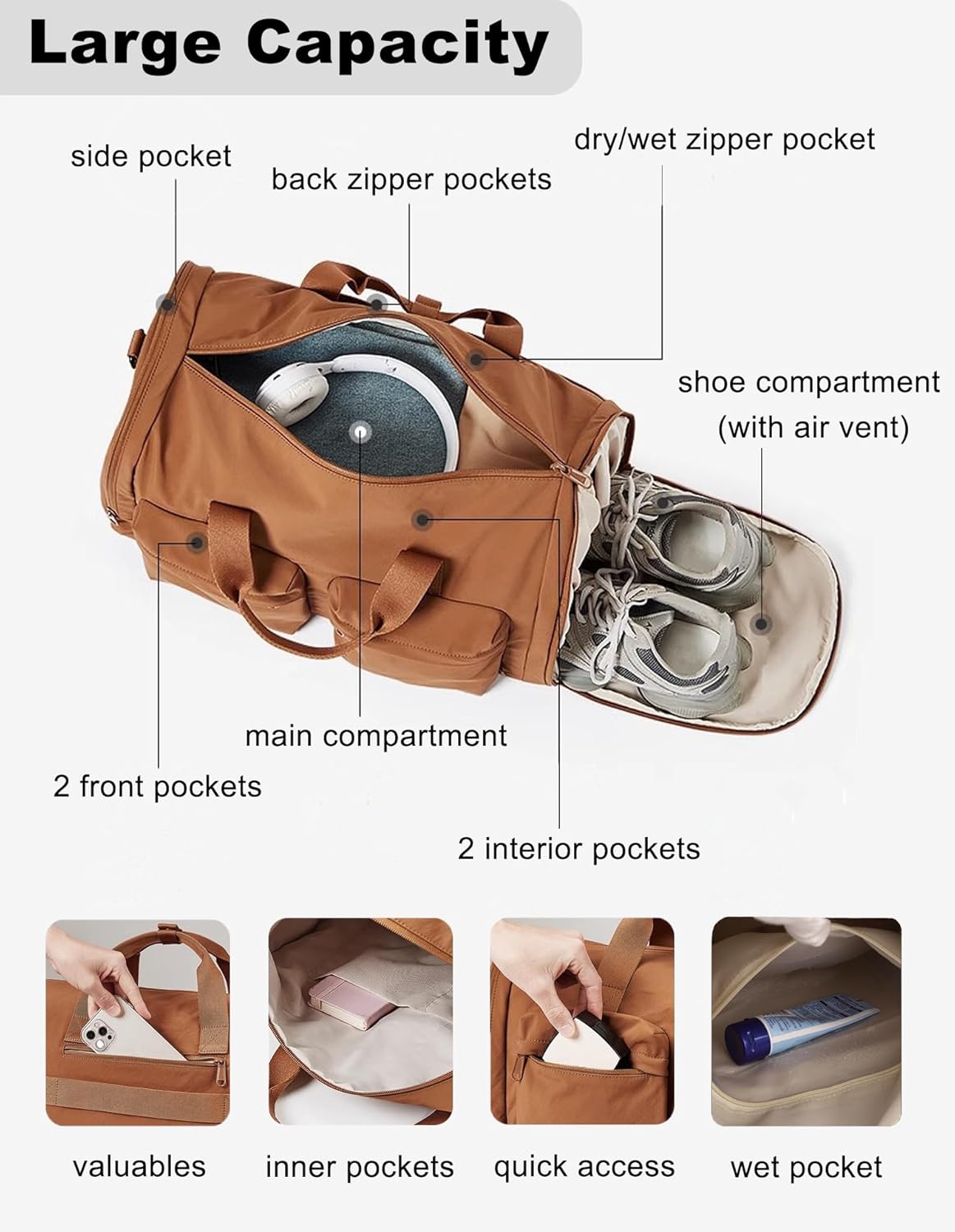 Gym Duffel Bag for Men Women with Shoe and Wet Compartment Lightweight Foldable Carry On Sports Travel Bag for Training Yoga Weekender(Light Pink)