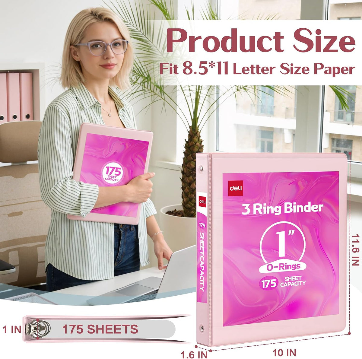 deli 1-inch 3 Ring Binder Pink,11" x 8.5" US Letter Size,2 Pack