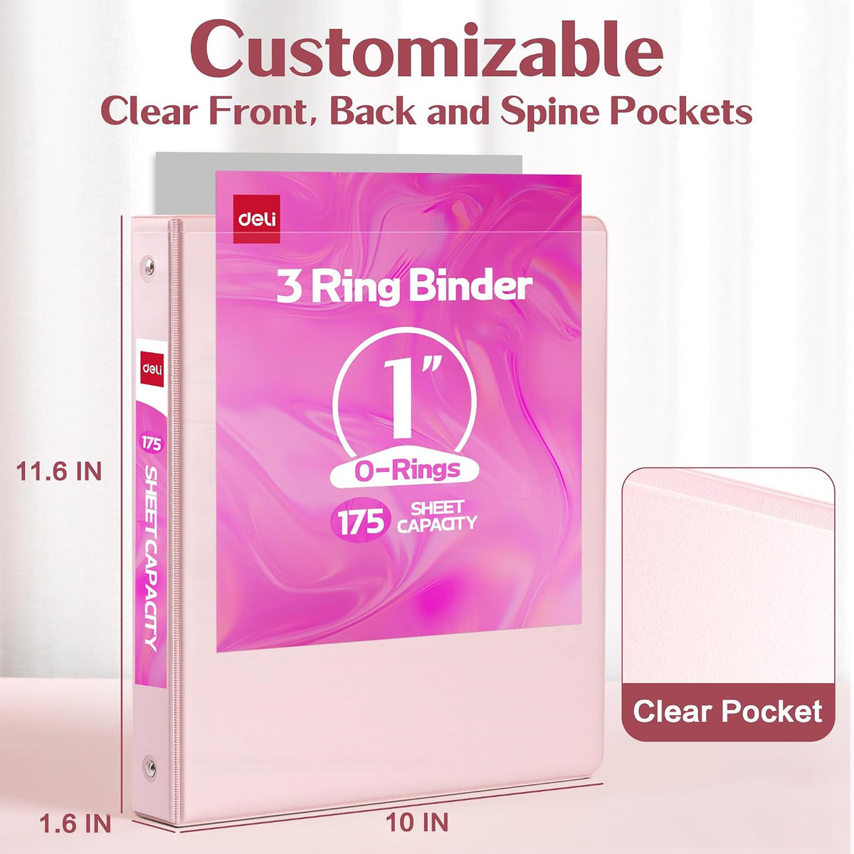 deli 1-inch 3 Ring Binder Pink,11" x 8.5" US Letter Size,2 Pack