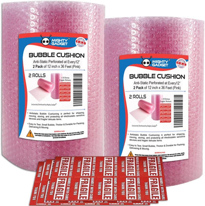 2 Pack of Bubble Cushioning Wrap Rolls, 12" x 72’ ft Total, Perforated Every 12" for Packaging, Shipping, Mailing Free Bonus Fragile Stickers Included (Pink Antistatic)