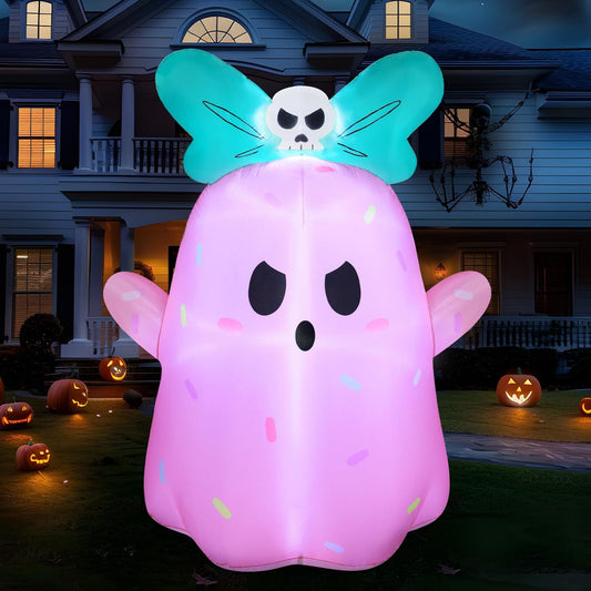 5FT Tall Halloween Inflatable Ghost Outdoor Decorations, Cute Pink Ghost Blow Up Yard Decorations with Bowknot and LED Light for Halloween Decor, Garden Lawn Indoor Outdoor Party Decor