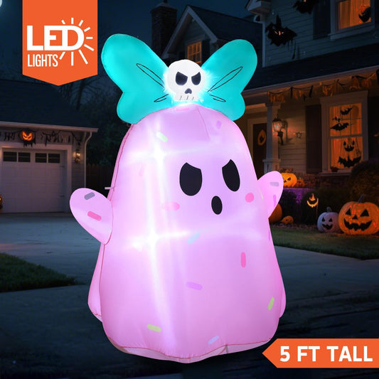 5FT Tall Halloween Inflatable Ghost Outdoor Decorations, Cute Pink Ghost Blow Up Yard Decorations with Bowknot and LED Light for Halloween Decor, Garden Lawn Indoor Outdoor Party Decor