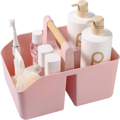 Plastic Shower Caddy, Portable Basket with Bamboo Handle, Pink