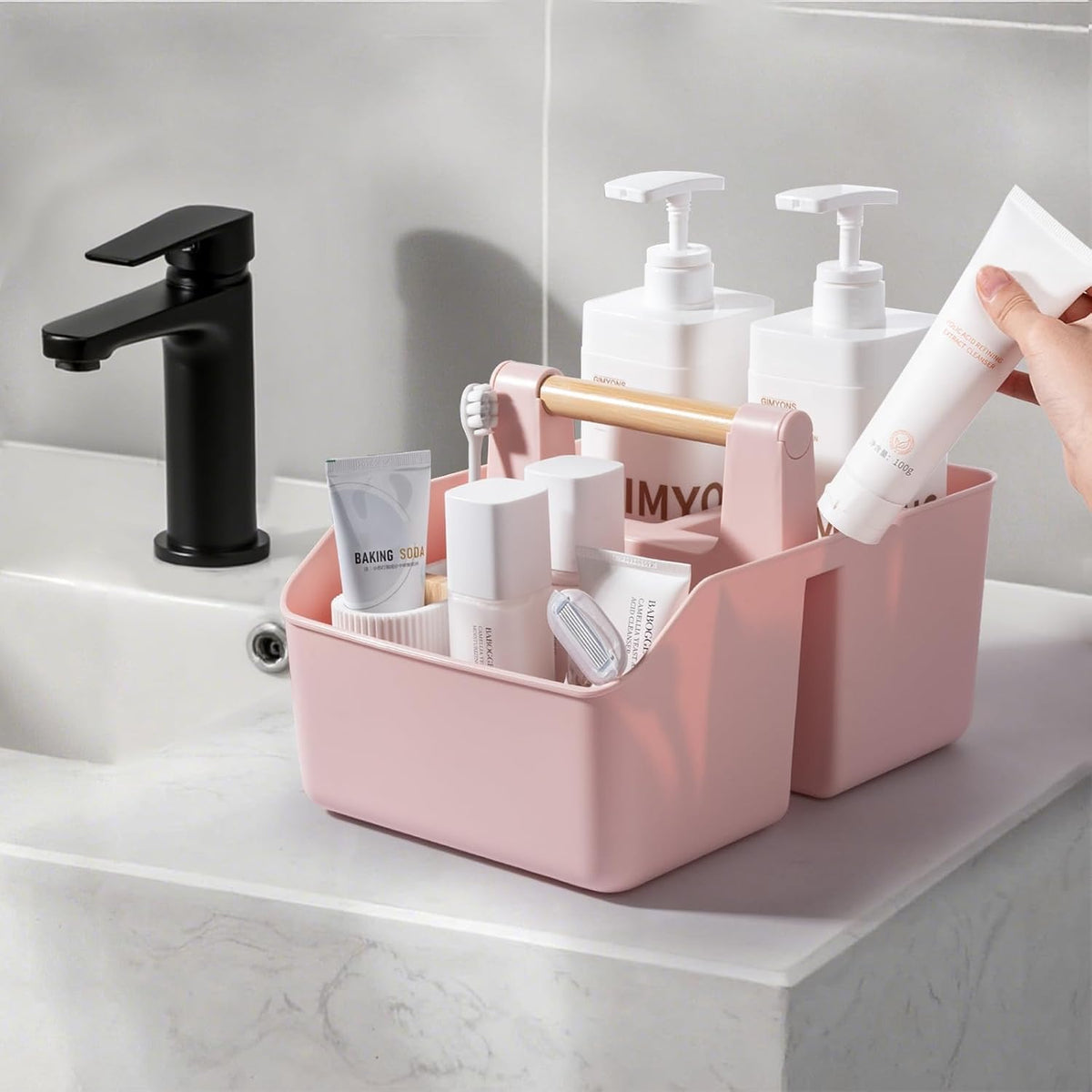 Plastic Shower Caddy, Portable Basket with Bamboo Handle, Pink