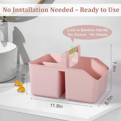 Plastic Shower Caddy, Portable Basket with Bamboo Handle, Pink