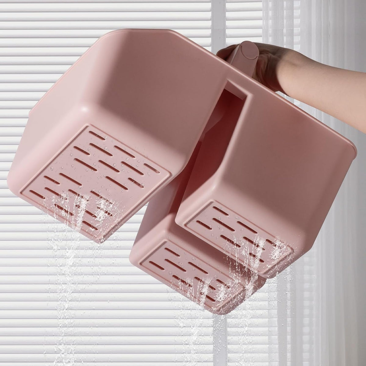 Plastic Shower Caddy, Portable Basket with Bamboo Handle, Pink