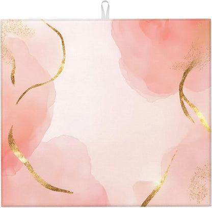 Pink Marble Print Microfiber Dish Drying Mat for Kitchen Counter 16x18 in Super Absorbent Drying Pad for Countertops, Sinks, Draining Racks with Hanging