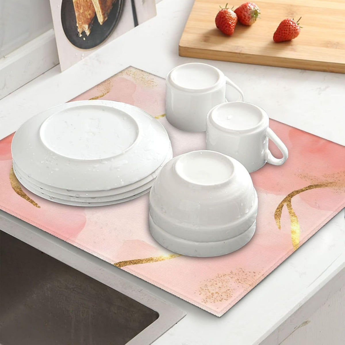 Pink Marble Print Microfiber Dish Drying Mat for Kitchen Counter 16x18 in Super Absorbent Drying Pad for Countertops, Sinks, Draining Racks with Hanging