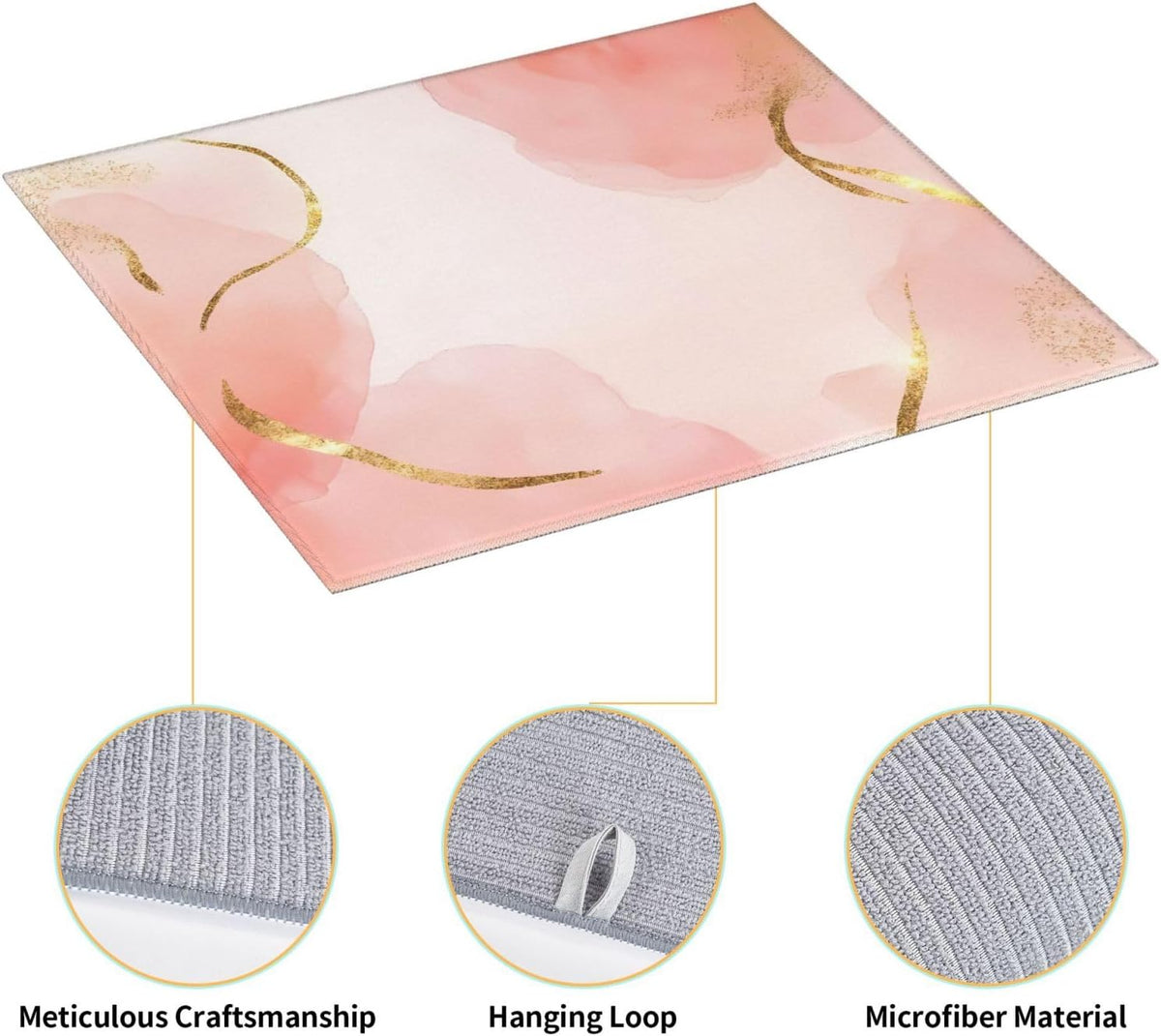 Pink Marble Print Microfiber Dish Drying Mat for Kitchen Counter 16x18 in Super Absorbent Drying Pad for Countertops, Sinks, Draining Racks with Hanging