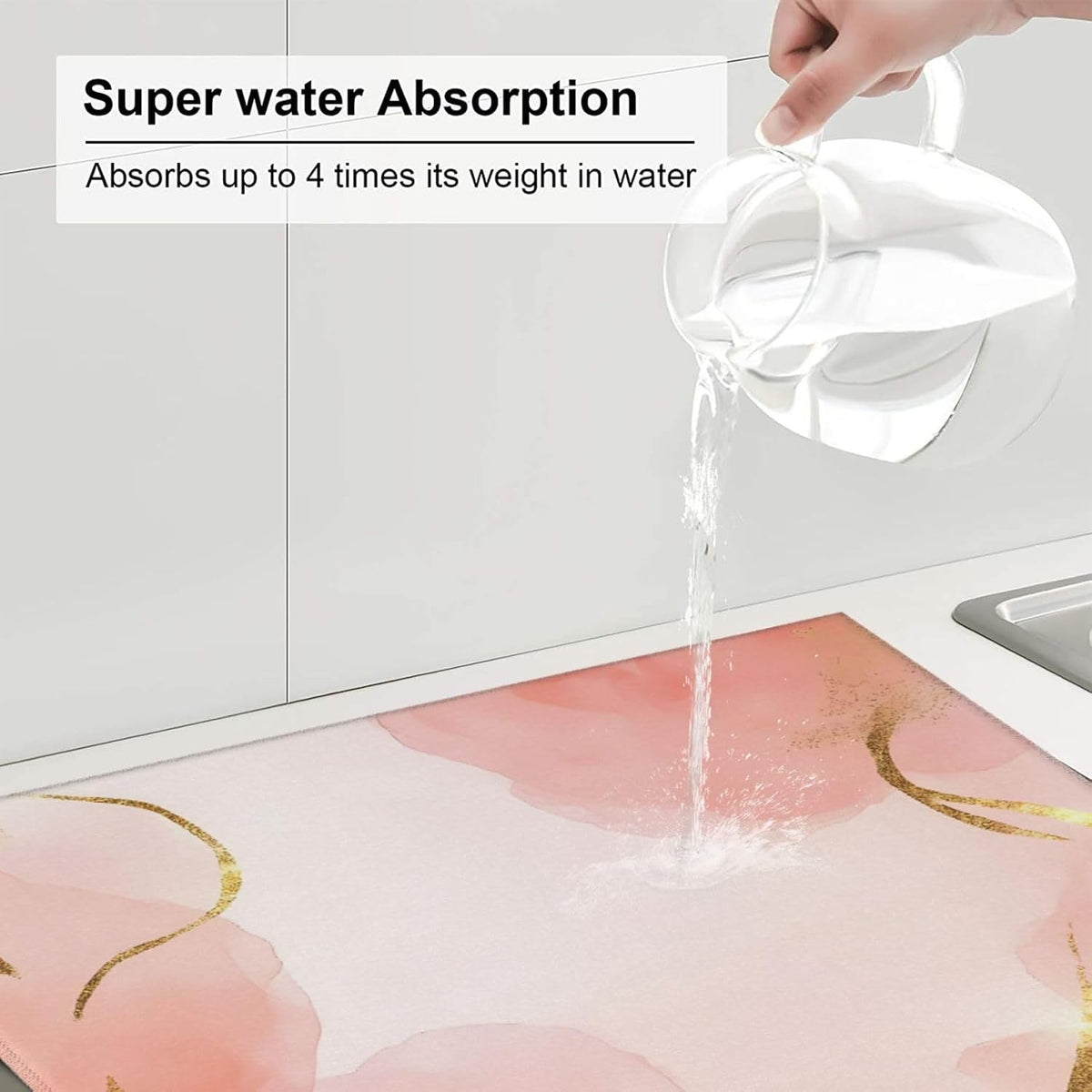 Pink Marble Print Microfiber Dish Drying Mat for Kitchen Counter 16x18 in Super Absorbent Drying Pad for Countertops, Sinks, Draining Racks with Hanging