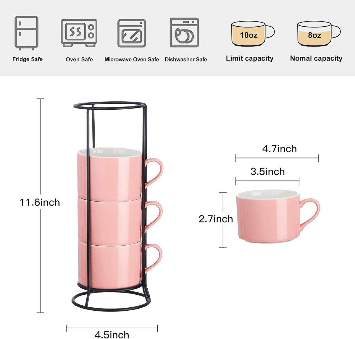 10 OZ Stackable Coffee Mugs with Metal Stand Set of 4