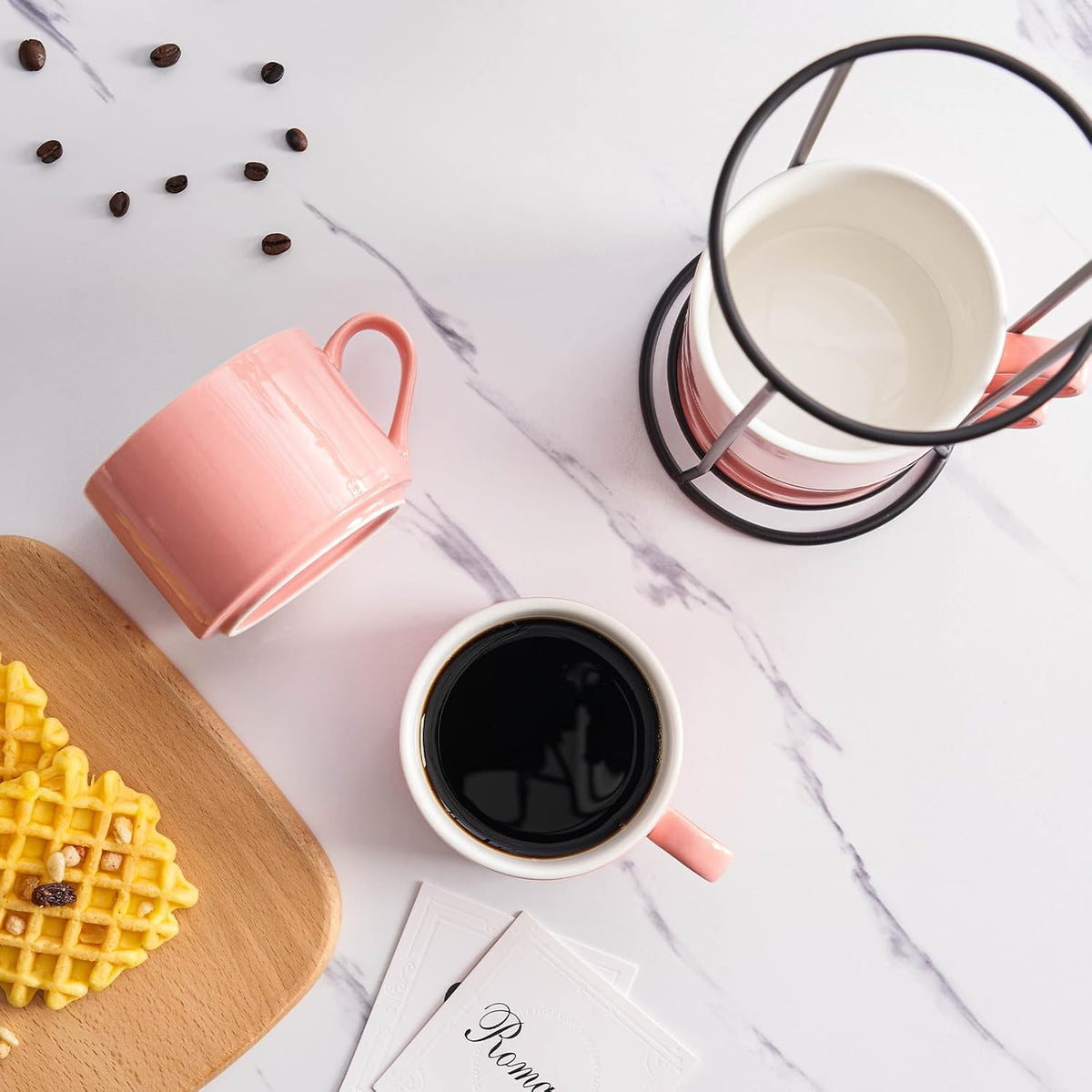 10 OZ Stackable Coffee Mugs with Metal Stand Set of 4