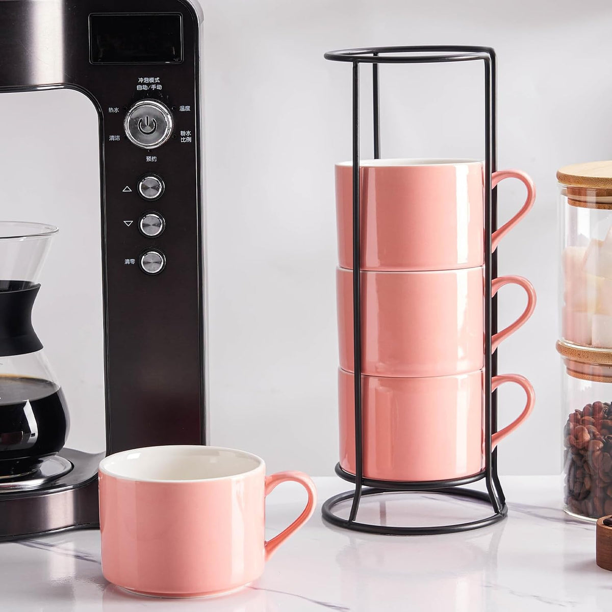 10 OZ Stackable Coffee Mugs with Metal Stand Set of 4