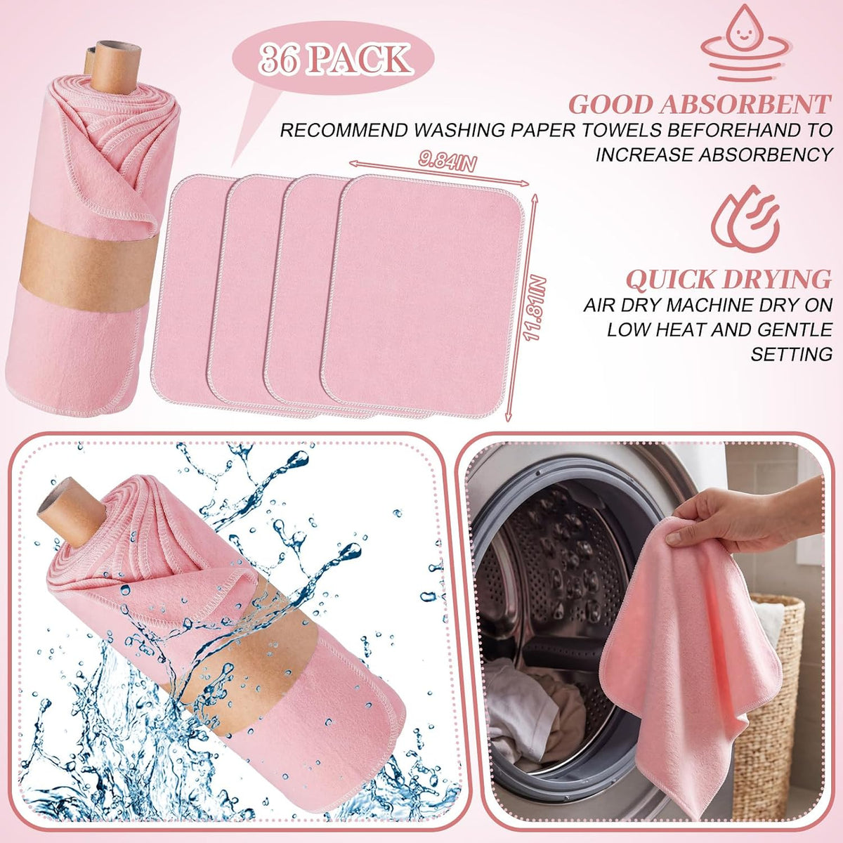 36 Pack Reusable Paper Towels Roll Cleaning Cloth, Pink