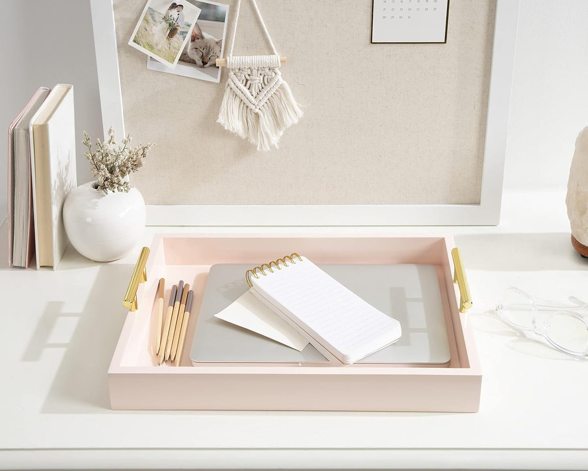 Lipton Decorative Tray with Polished Gold Metal Handles, Soft Pink