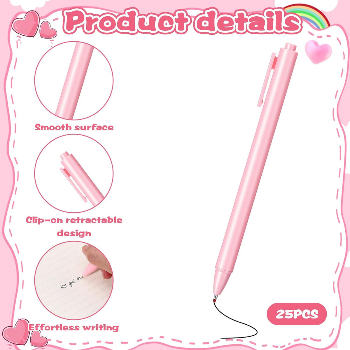 25 Pcs Aesthetic Ballpoint Pens, Cute Ball Point Pen Pink 0.5mm for Server