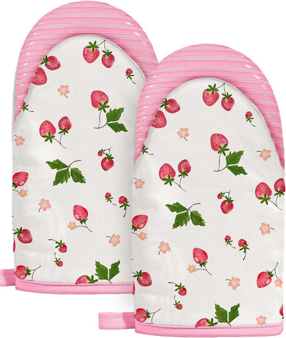 Cute Strawberry Mini Oven Mitts Set – Pink Extended Short Heat Resistant Kitchen Gloves for Women, 100% Cotton Oven Mitts with Silicone Grips, Non-Slip and Thick Durable for Cooking & Baking